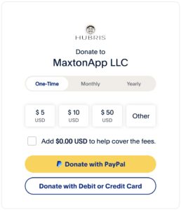 Hubris donation using via Maxton App LLC account on PayPal.